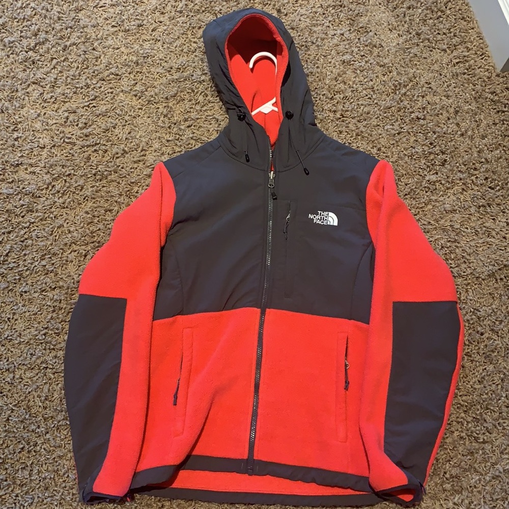 Hooded North Face fleece jacket.